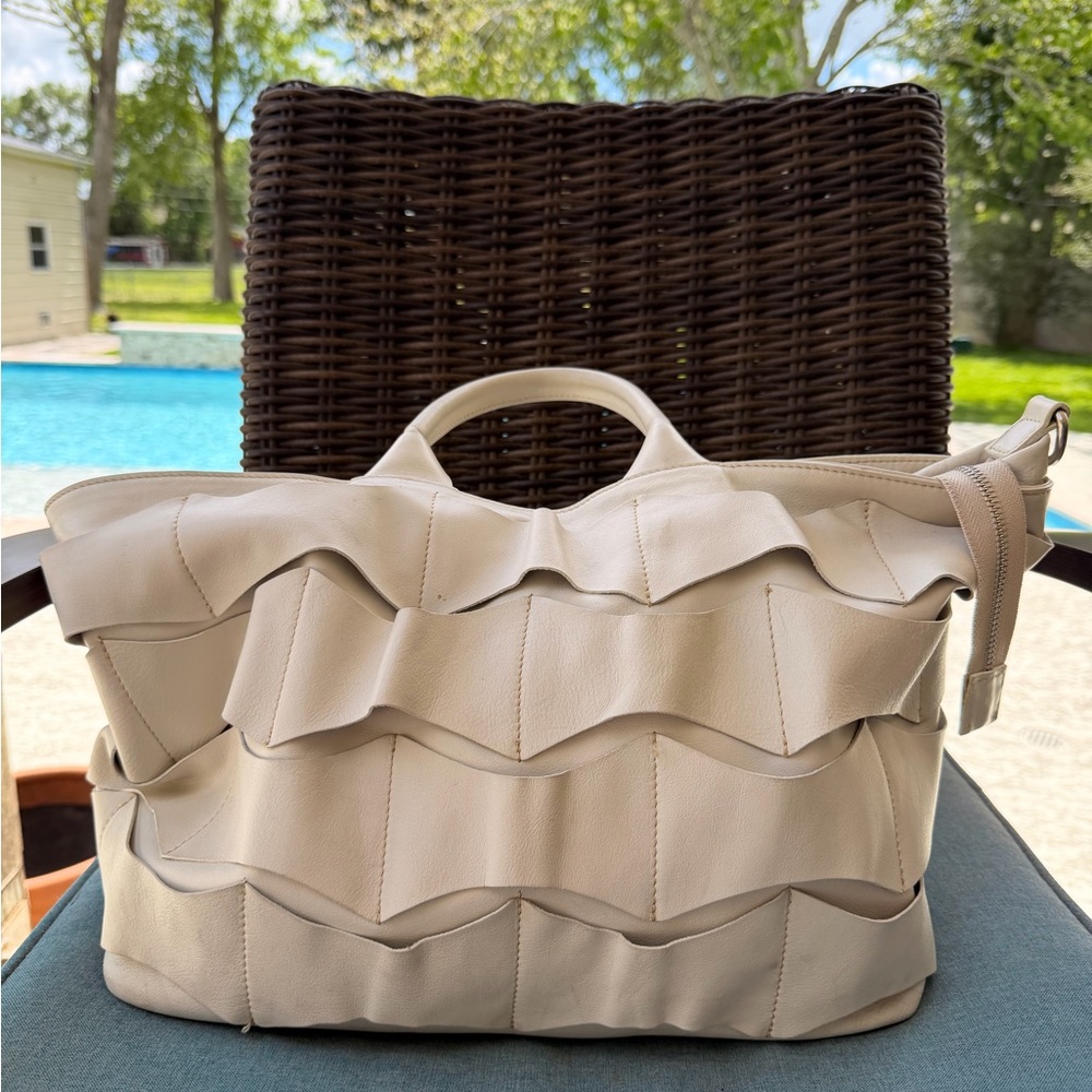 Elegant Ruffled Tote Bag in Off White